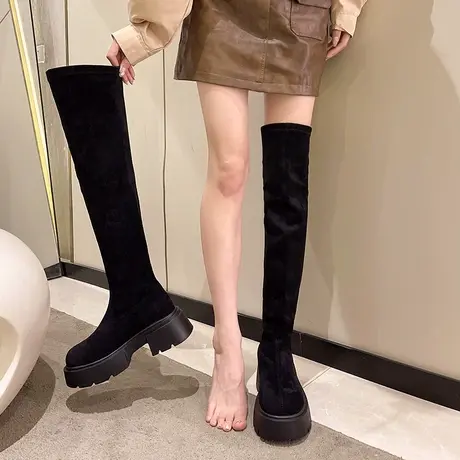 过膝靴女2023年春秋季新款小个子瘦腿绒面长靴粗跟厚底黑色骑士靴商品大图
