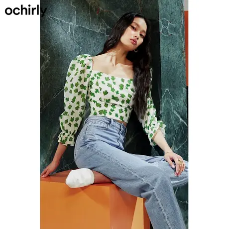 黑标系列 欧时力 显瘦方领雪纺衬衫女冬装新品印花短款上衣小个子商品大图