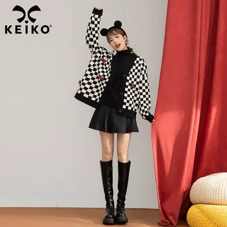 绣花蝴蝶结饰黑白棋盘格子毛衣外套女2021秋冬新时髦针织开衫上衣商品大图