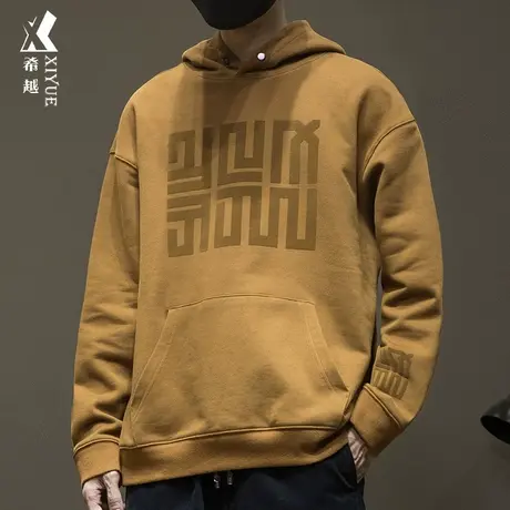 希越重磅男士卫衣秋冬款潮牌印花连帽衫宽松大码咖啡色纯棉男上衣商品大图