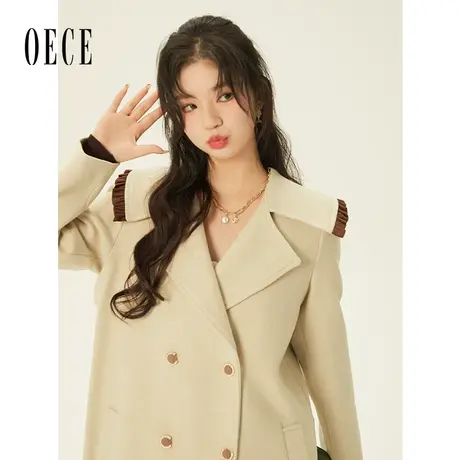 【买1送1】【新品】Oece复古奶杏呢大衣冬装新款女中长款毛呢外套图片