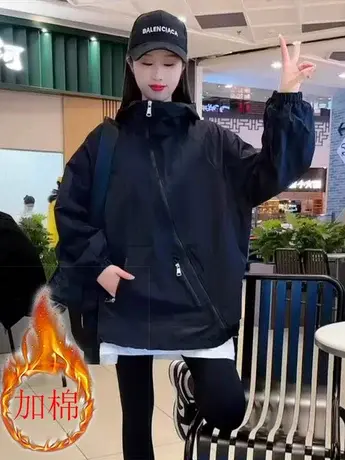 个性斜拉链连帽外套女秋冬2023新款韩版宽松显瘦外搭冲锋衣ins潮商品大图