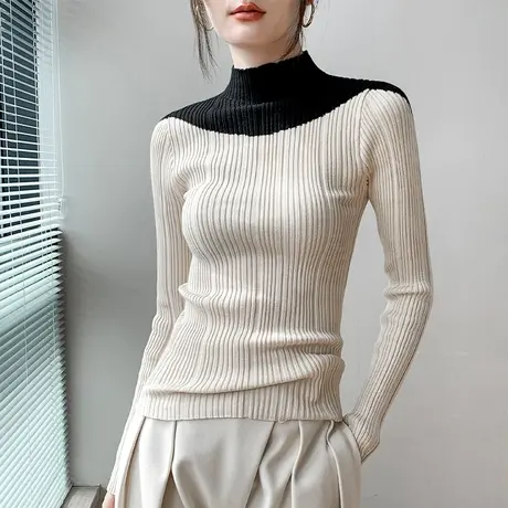半高领撞色拼接针织衫女2023秋冬新款设计感小众奶系穿搭修身上衣商品大图