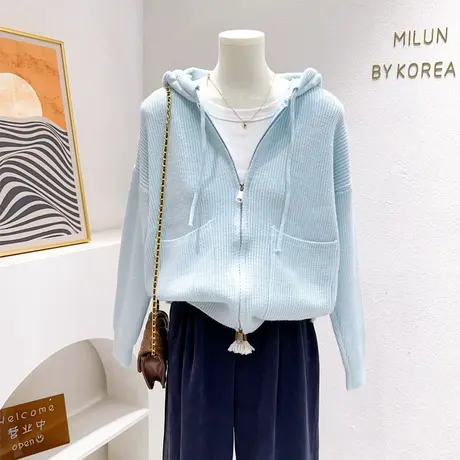 ins奶油蓝色软糯秋冬毛衣~保暖拉链针织开衫连帽打底衫温柔粉色商品大图