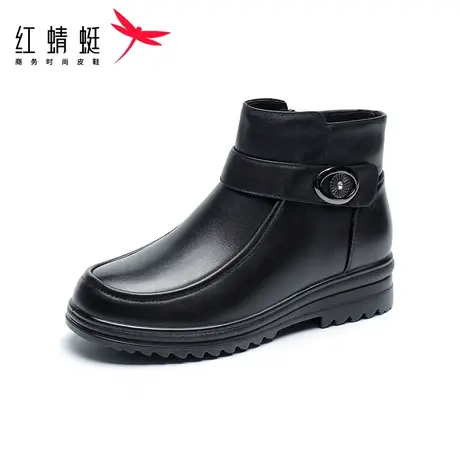 红蜻蜓妈妈棉鞋2023冬季新款加棉真皮短靴中年妈妈靴保暖防滑皮鞋商品大图