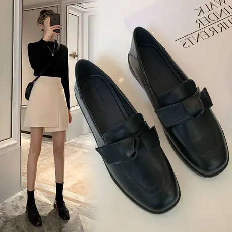 【真皮】小皮鞋女英伦风秋季黑色方头复古日系女鞋软底乐福鞋单鞋商品大图