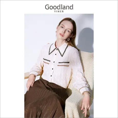 音儿美地女装2022冬季新款领边撞色装饰镂空纹理蕾丝衬衫商品大图