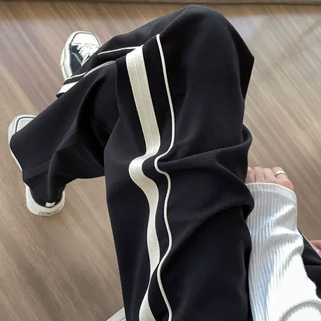 窄版针织阔腿裤女2025春秋季新款高腰显瘦休闲撞色卫裤拼接运动裤商品大图