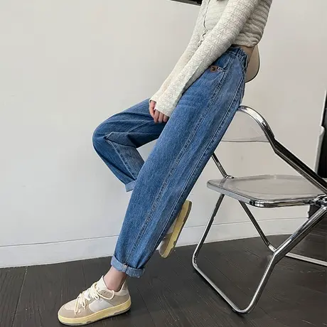 牛仔裤女春秋高腰春秋2024新款宽松直筒显瘦卷边哈伦萝卜老爹裤子商品大图