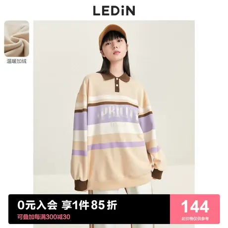 乐町拼色POLO卫衣2023春季新款女装复古学院加绒加厚polo领彩色图片
