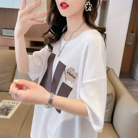 小众设计感短袖t恤女夏季韩版宽松大码女装中长款半袖飘带上衣服商品大图