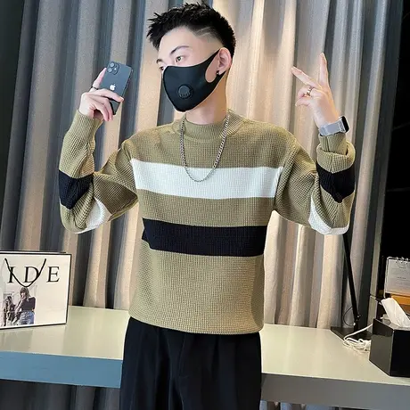 高级感条纹毛衣男秋冬季2023新款潮流休闲轻熟风华夫格毛线针织衫商品大图