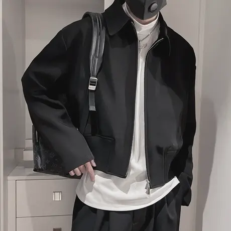 美式复古网红潮牌痞帅纯色外套春秋季个性潮流短款发型师机车夹克商品大图