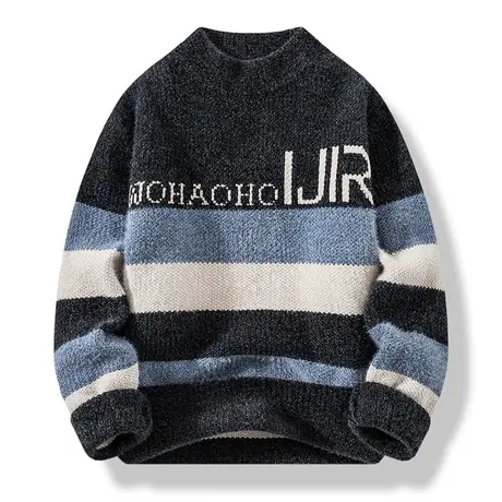 秋冬季加厚毛衣男士半高领羊毛衫打底针织衫学生提花字母保暖线衣商品大图