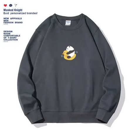 秋季潮牌熊猫印花卫衣男青少年白色无帽薄款宽松圆领宽松休闲上衣图片