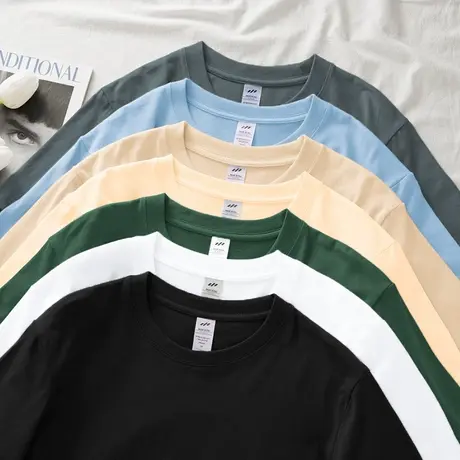 重磅纯棉短袖t恤男女宽松夏季纯色圆领上衣服潮流全棉半袖体恤衫商品大图