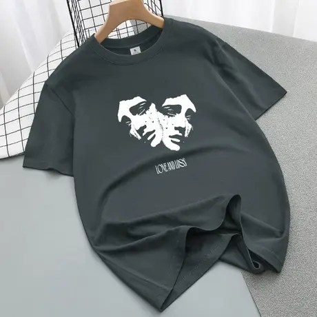 重磅纯棉短袖t恤男美式潮流宽松夏季半袖圆领全棉体恤印花上衣服商品大图