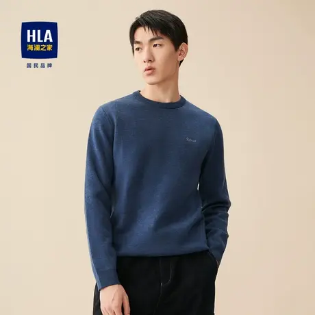 HLA/海澜之家净色保暖长袖针织衫冬季刺绣经典圆领修身套头毛衣男图片