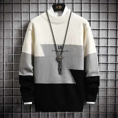 半高领毛衣男春秋冬季帅气拼色男士针织衫潮流休闲青少年线衣外套商品大图