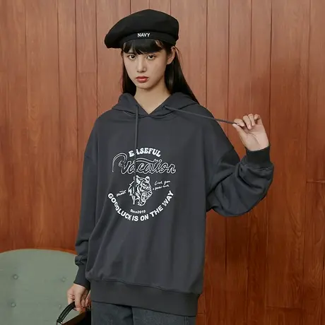 omont蛋挞家 复古美式印花连帽卫衣女秋冬2023新款宽松设计感上衣商品大图