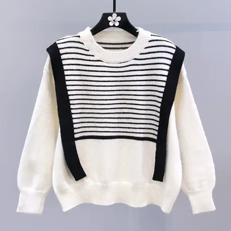 慵懒风假两件条纹毛衣女秋冬2023新款宽松设计感休闲百搭针织上衣商品大图