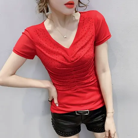 时尚烫钻T恤女短袖夏装2023新款潮显瘦洋气上衣弹力网纱小衫女装商品大图