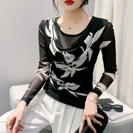 欧货荡领网纱打底衫女长袖秋冬2024新款修身内搭上衣时尚印花T恤图片