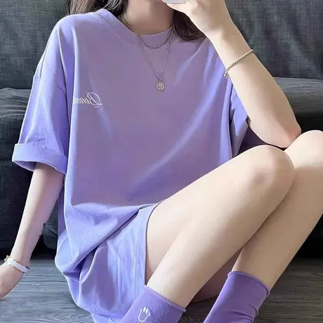中长款半袖香芋紫T恤女夏季2025年新款宽松大码休闲短袖上衣简约商品大图