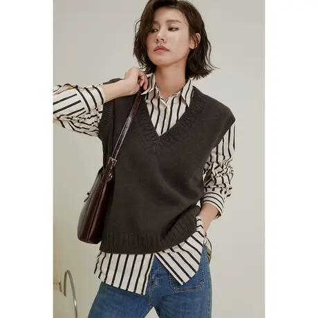 美拉德穿搭秋冬弥古咖色毛衣针织马甲女外穿内搭叠穿v领毛线背心商品大图