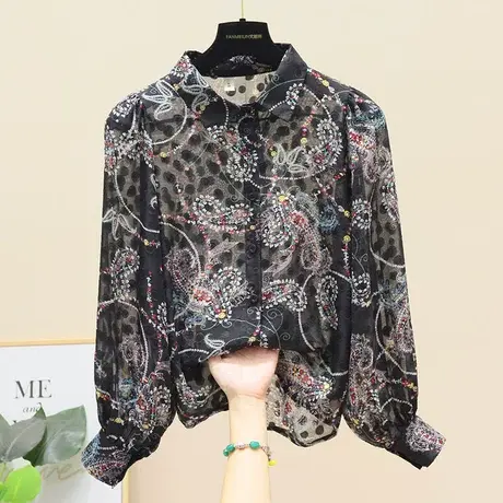 刺绣女上衣2023年新款女灯笼袖衬衣仙秋冬翻领复古雪纺碎花衬衫女商品大图