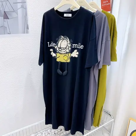 欧洲站洋气时髦过膝及裸连衣裙夏季款黑色长款开叉T恤裙微胖显瘦图片