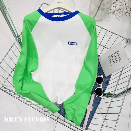 秋装时髦个性设计感上衣韩版插肩袖卫衣拼色长袖运动休闲大码欧货商品大图