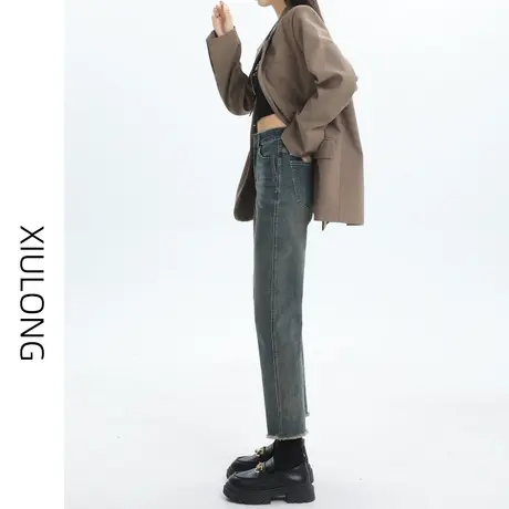 高腰直筒牛仔裤女春秋季2023年新款复古毛边显瘦小个子九分烟管裤商品大图