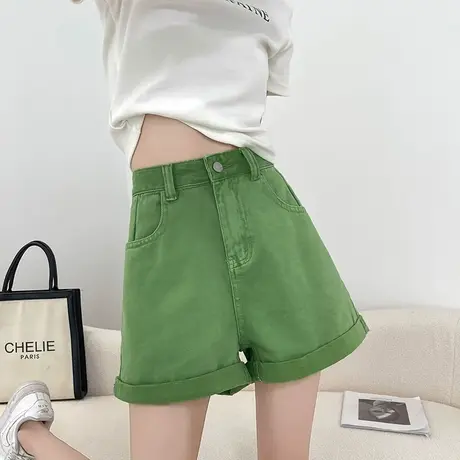 绿色牛仔短裤女2024年夏季薄款高腰a字宽松显瘦遮胯卷边阔腿热裤图片