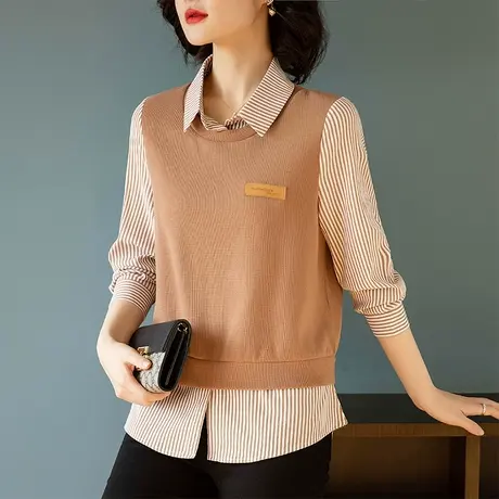 假两件衬衫女春秋新款加大码宽松中年妈妈休闲百搭显瘦打底衫上衣商品大图