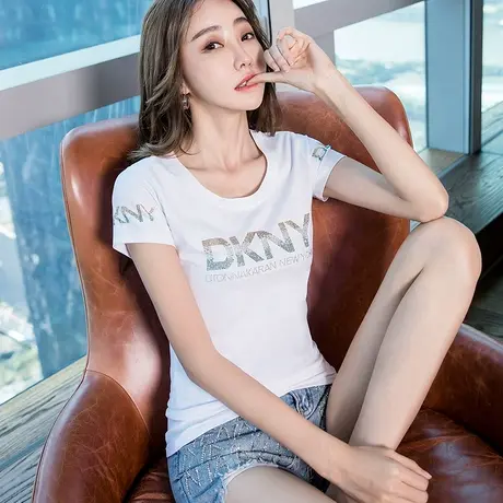 欧货圆领烫钻t恤女夏欧洲站白色字母镶钻短袖时尚修身体恤小衫潮商品大图