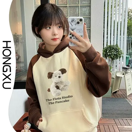 红续秋冬新款拼色插肩袖连帽印花卫衣2023年超火撞色长袖上衣加厚图片