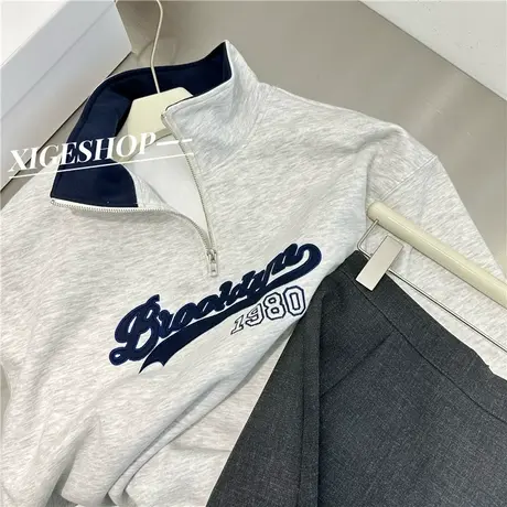 美式复古字母刺绣宽松立领卫衣女学院风半拉链翻领落肩休闲上衣秋商品大图