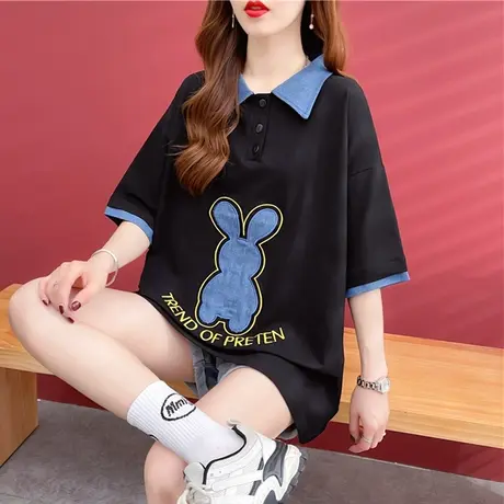 设计感小众polo领短袖t恤女夏装韩版宽松大码中长款假两件上衣服图片