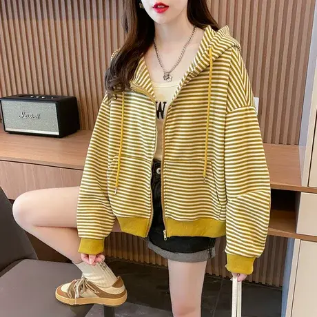 早秋装连帽卫衣女春秋季韩版宽松初秋薄款短款小个子条纹开衫外套图片