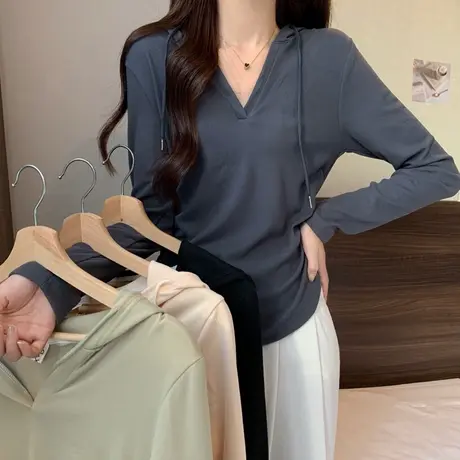 纯欲风褶皱长袖T恤女早秋洋气减龄百搭小个子修身短款连帽上衣服商品大图