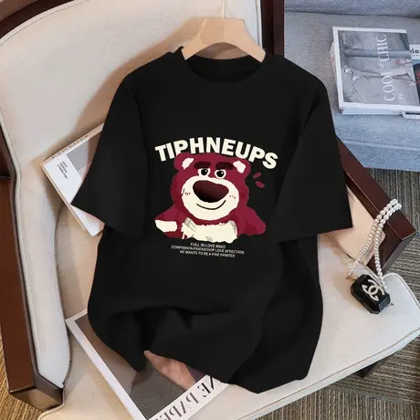 纯棉黑色t恤女大码胖mm显瘦短袖ins潮夏季百搭宽松美式正肩上衣商品大图