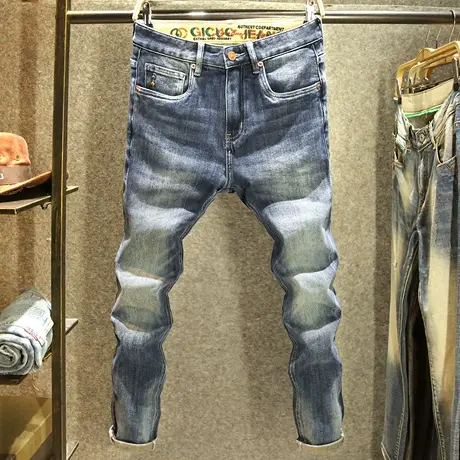 经典美式复古牛仔裤男款修身小直筒弹力裤子重工石磨水洗长裤秋冬图片