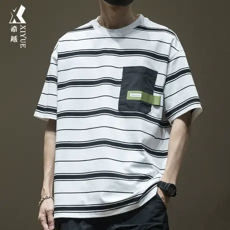 夏季240g美式重磅条纹短袖t恤男宽松大码拼色口袋微弹半袖体恤衫商品大图