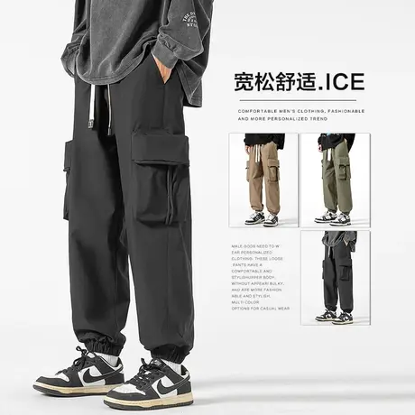 春秋款男士多口袋束脚美式工装春季潮流百搭休闲裤子春天小脚男装商品大图