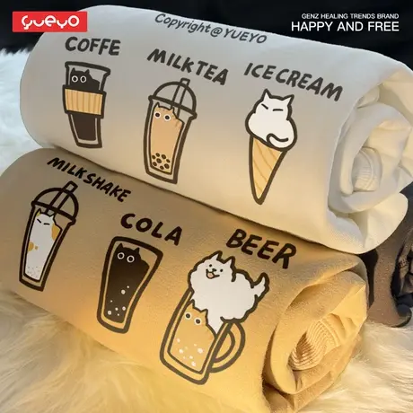 YUEYO悦游「猫饮品」猫咪饮料冰淇淋啤酒加绒圆领卫衣男日系原创图片