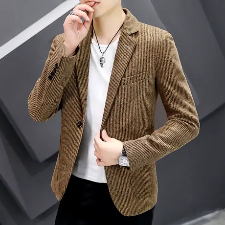 羊毛呢子男装外套潮流休闲秋冬季纯色小西服男士韩版加厚格子西装图片