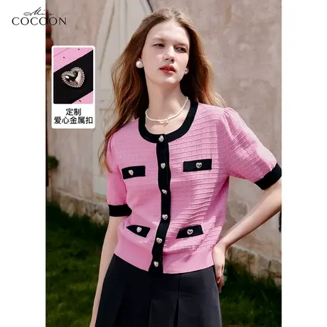 miss COCOON撞色小香风针织衫女2023夏装新款高级感圆领短袖开衫商品大图