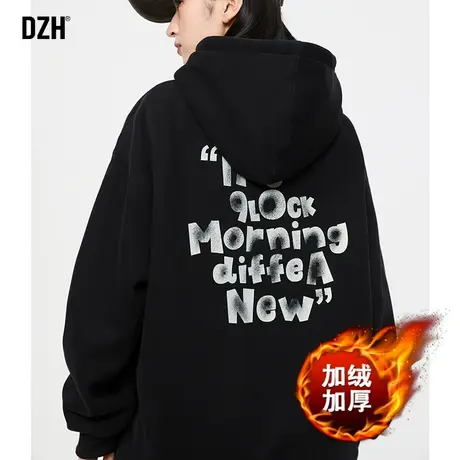男士黑色加绒连帽卫衣男秋冬款美式外套加厚印花上衣情侣装连帽衫图片