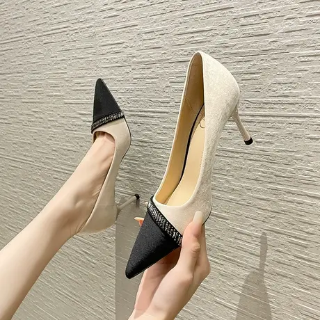 高跟鞋女2024年新款细跟尖头性感百搭工作鞋小香风不累脚软皮单鞋商品大图